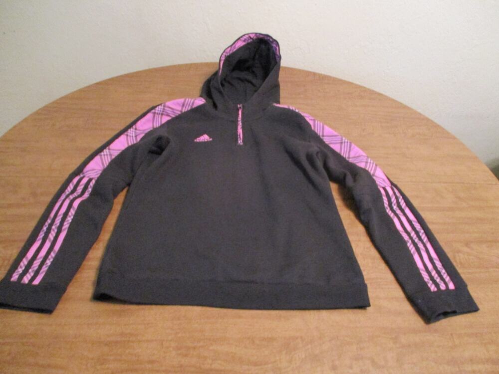 ADIDAS WOMENS BLACK PINK PULLOVER FLEECE HOODIE SWEATSHIRT S
